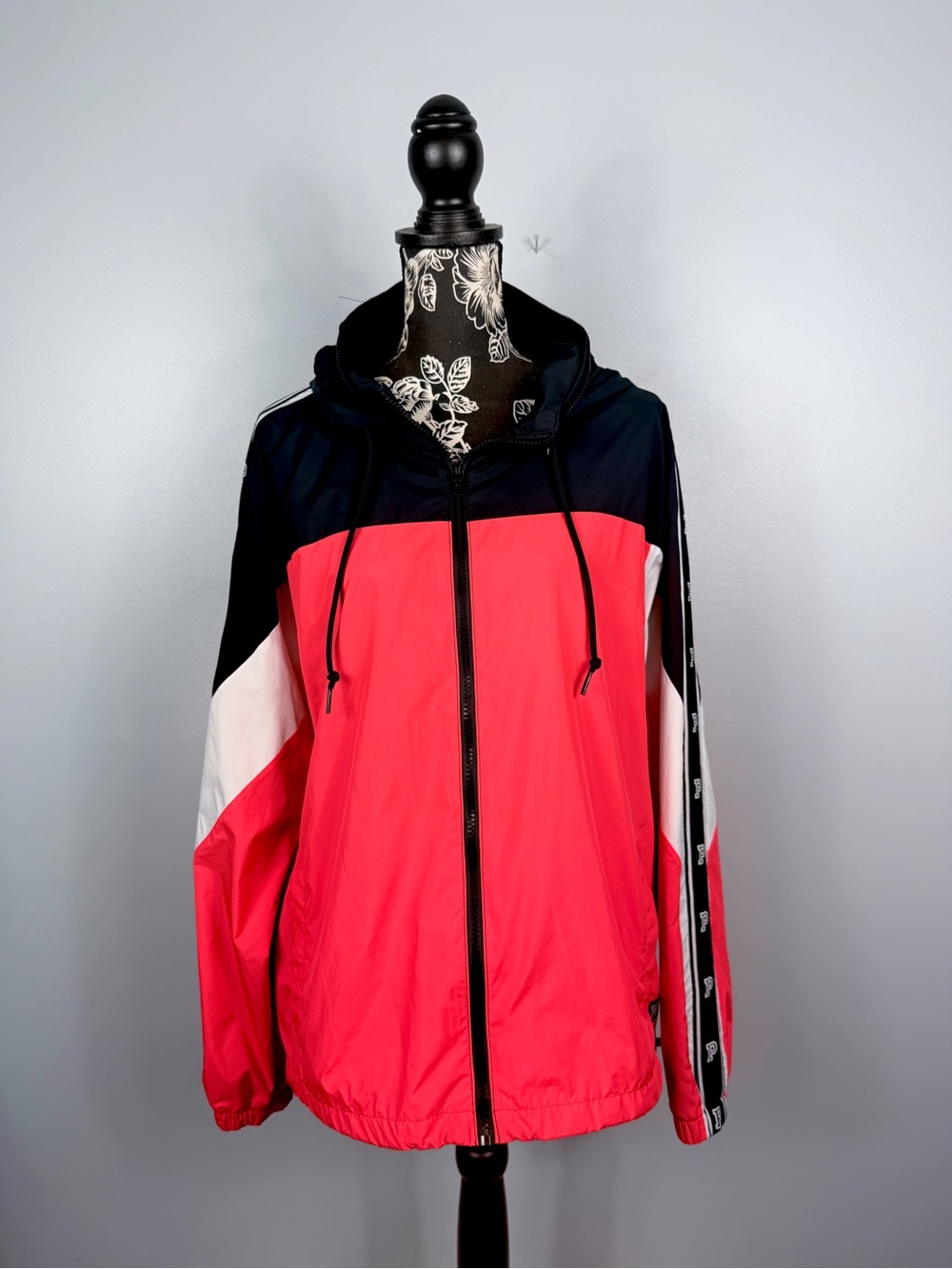 VS Pink black neon color block anorak hooded full zip rain jacket size large